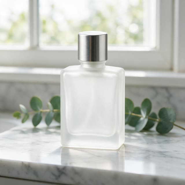 The same frosted perfume bottle on a white marble counter by a sunny window, with a eucalyptus sprig behind it