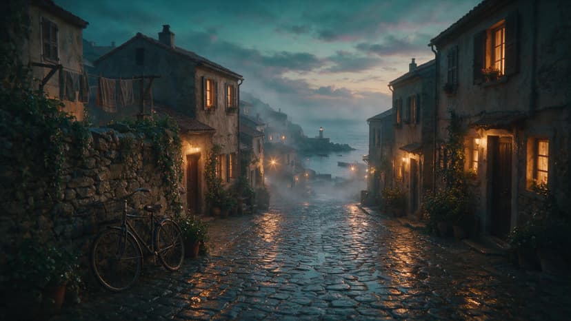 Wet cobblestone street in a coastal village at dusk with a bicycle against a stone wall, made with Seedream 5.0 Pro