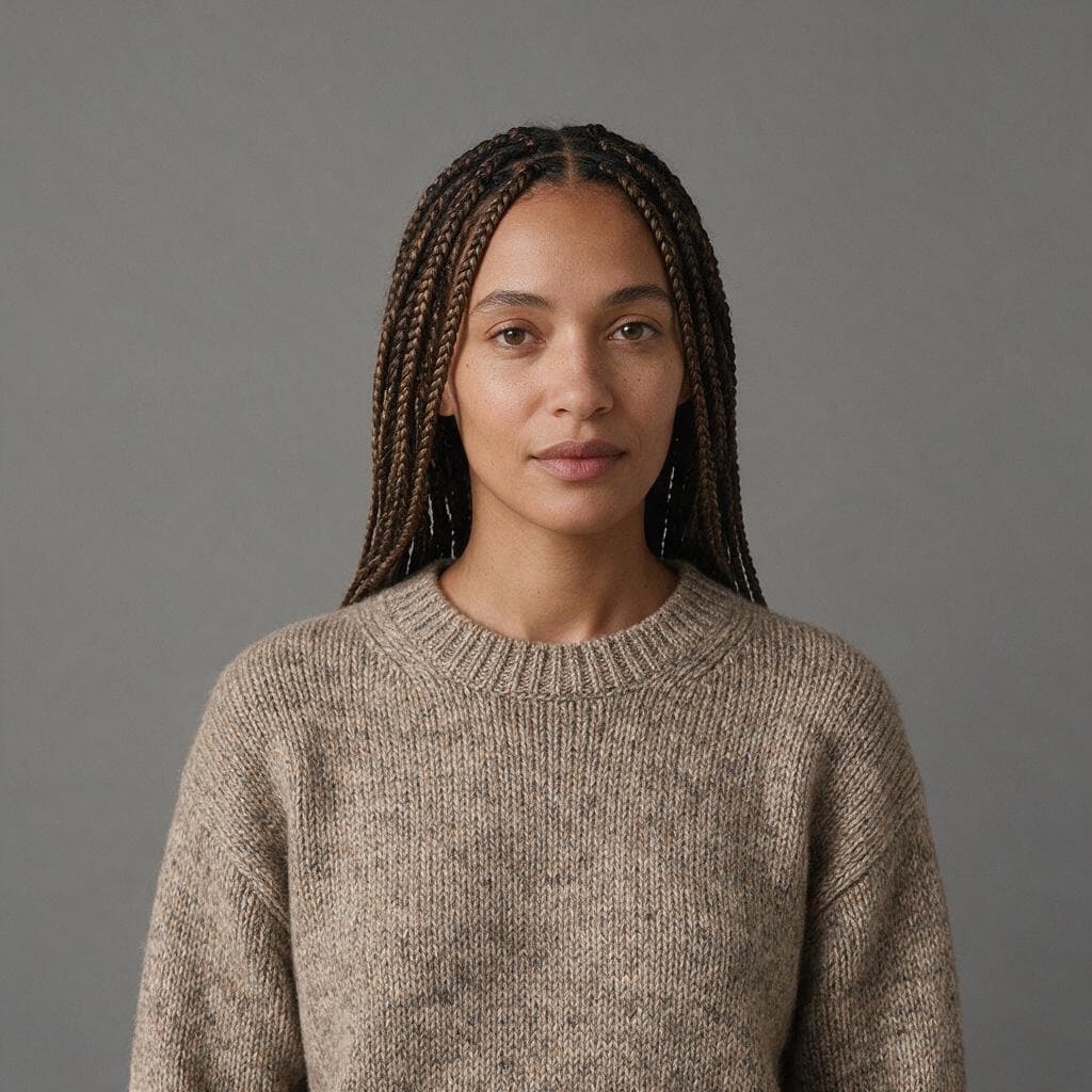 Studio portrait of a woman with long braids on a grey backdrop, each braid and the knit of her wool jumper clearly resolved