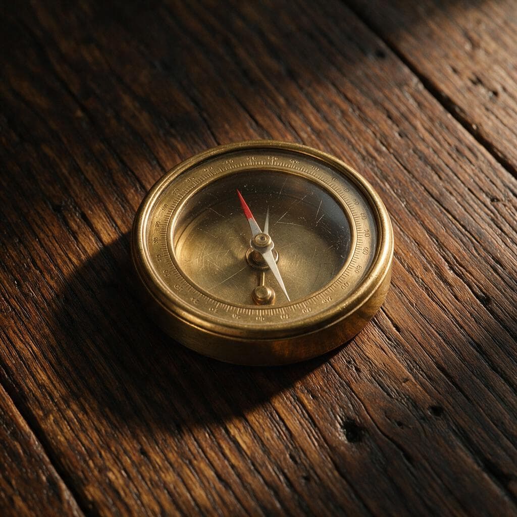 Antique brass compass on weathered oak, engraved degree markings and fine scratches across the dial still legible