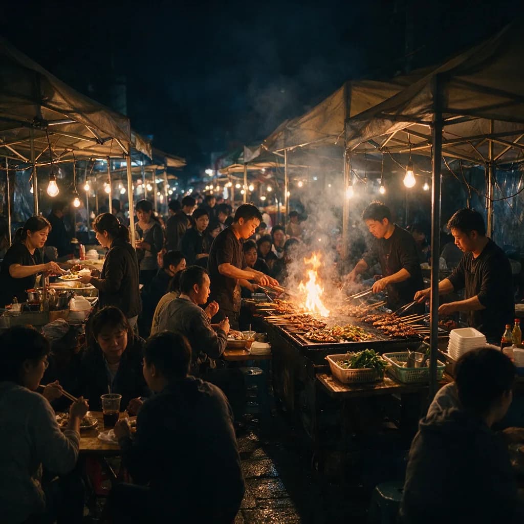Night street food market lit by hanging bulbs and a griddle flame with steam rising and deep shadows between stalls