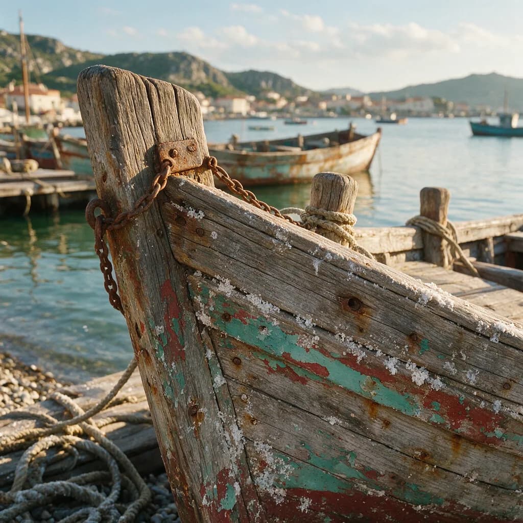 Peeling turquoise and red paint on the bow of an old wooden fishing boat with salt bloom and rust streaks