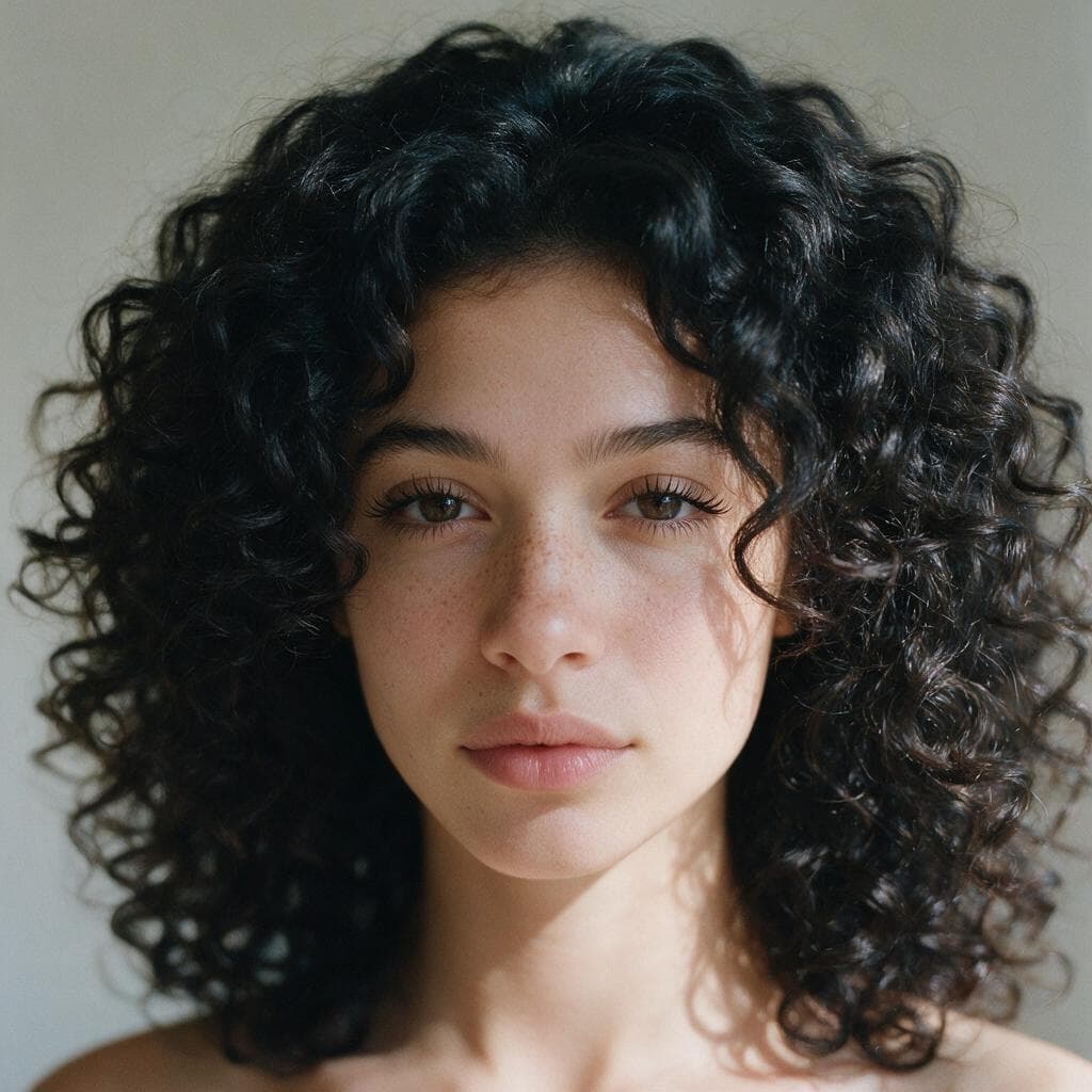 Portrait of a woman with dark curly hair and freckles, every curl edge and eyelash held separate