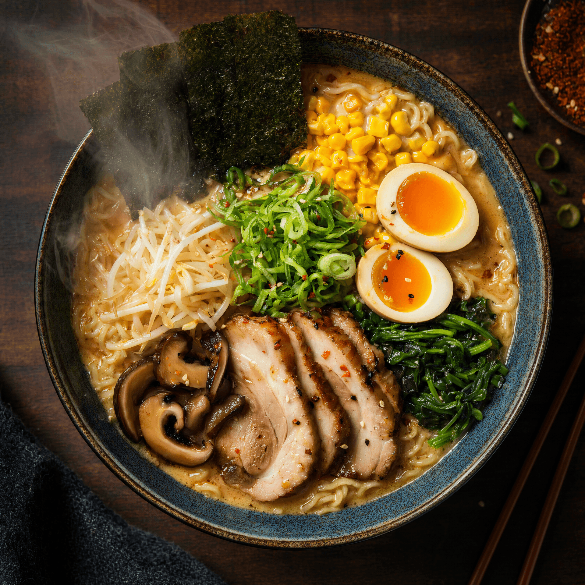Overhead colorful ramen bowl, steam rising