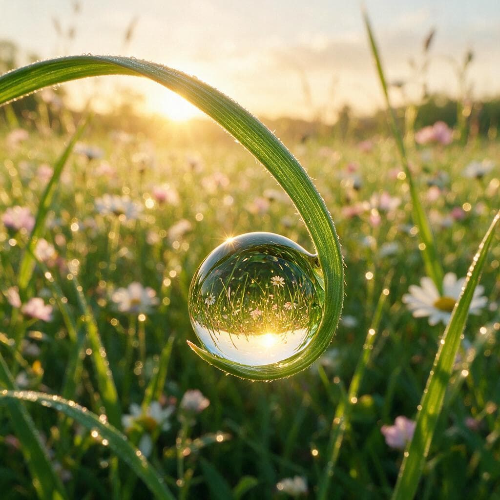 Dew drop on a curved blade of grass at sunrise, the whole meadow refracted upside down inside it