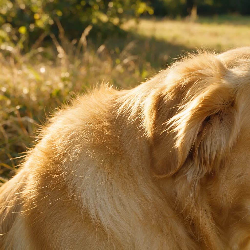Extreme close up of a golden retriever's shoulder in afternoon sun with individual guard hairs and soft undercoat distinct