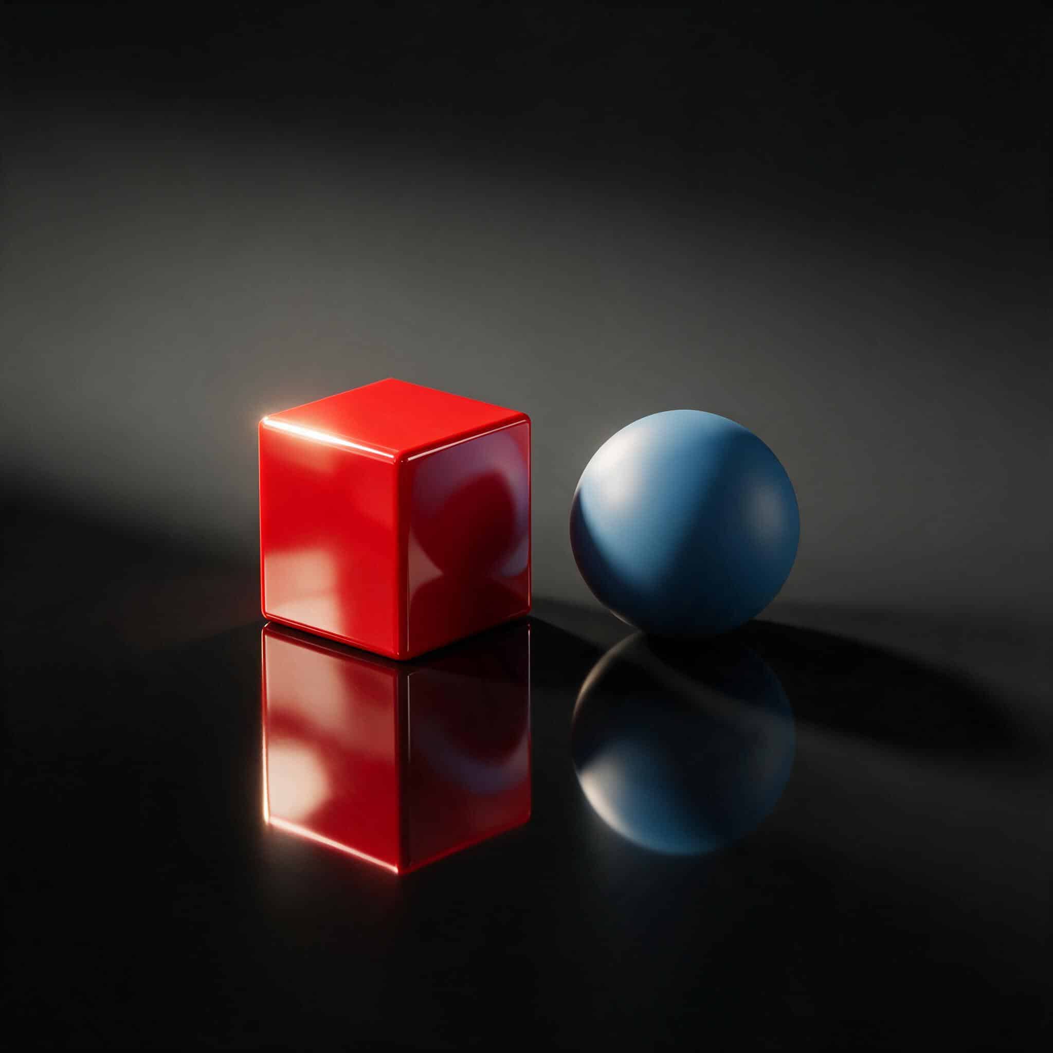 Seedream 5.0 Pro result: cube and sphere with correct mirror reflections and a subtle color bounce between objects