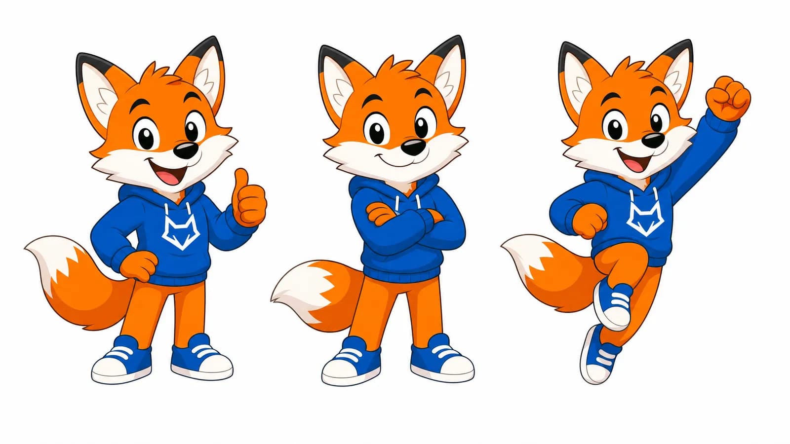 Mascot fox in three consistent poses