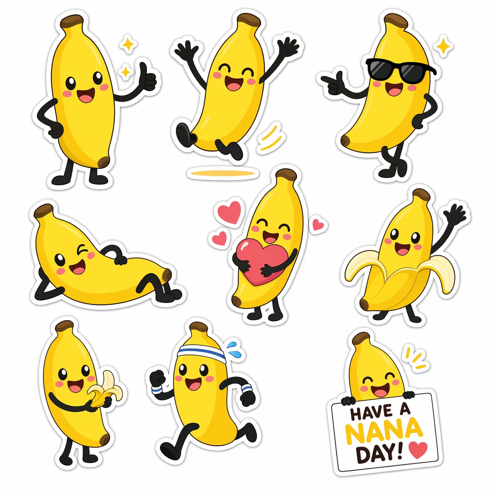 Sticker sheet of a smiling banana mascot