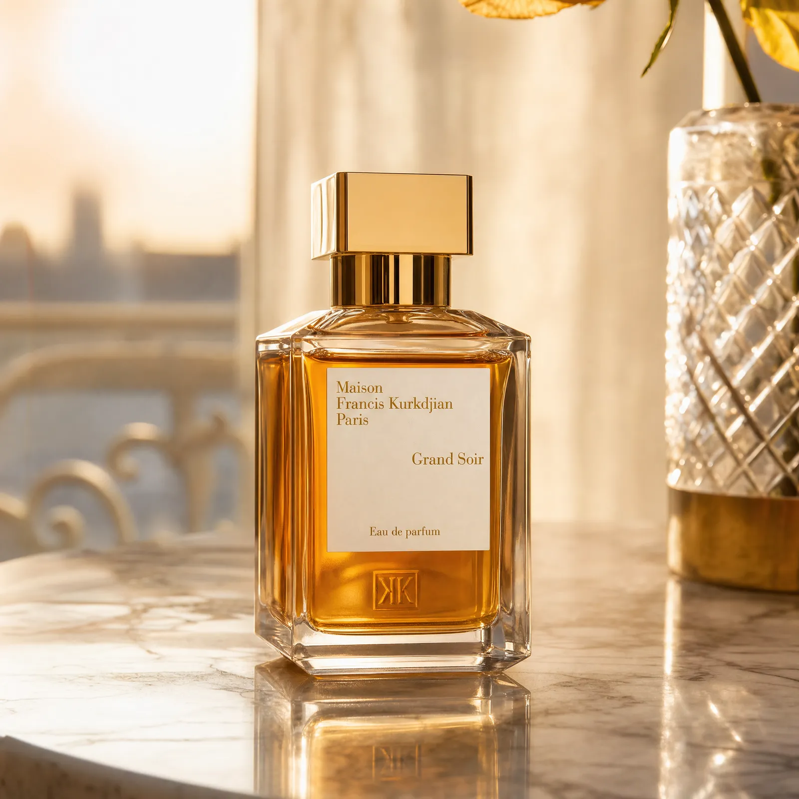 Glass perfume bottle on marble, golden hour