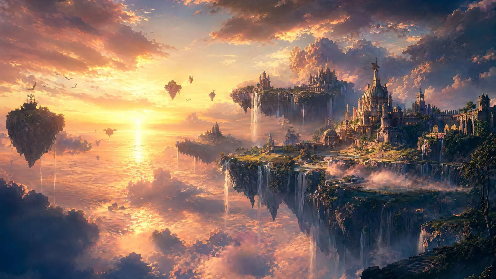 Floating islands above a glowing sea at sunset