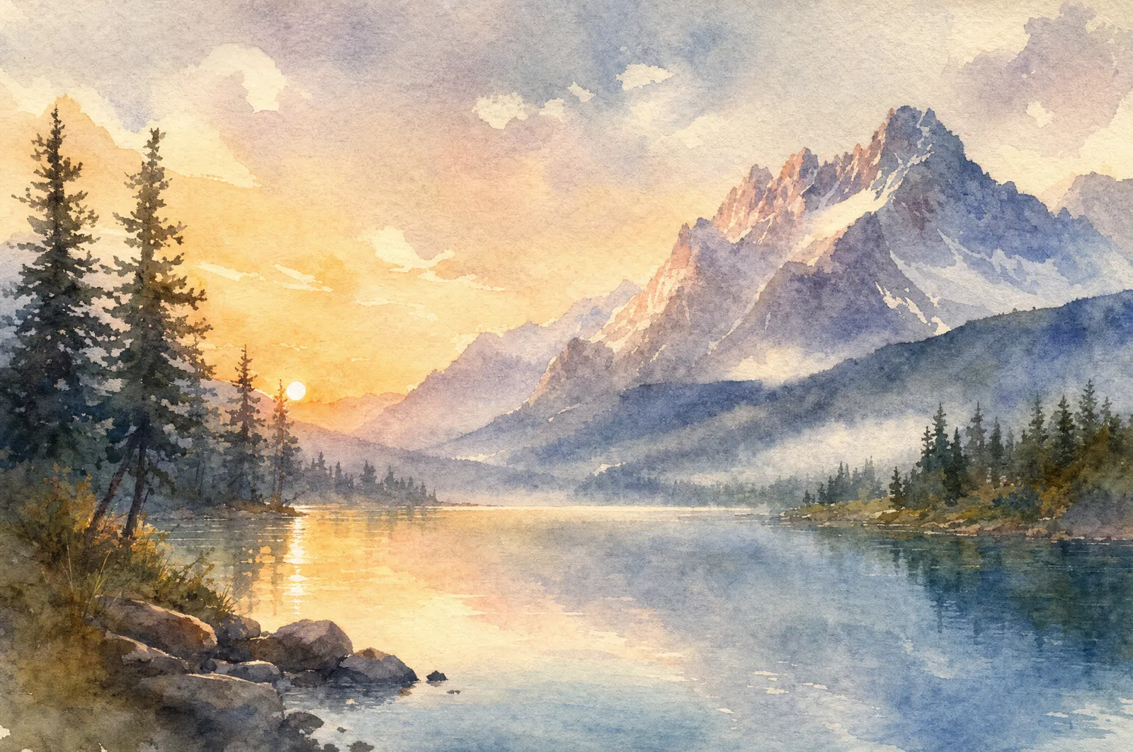 Watercolor mountain lake at dawn, soft washes