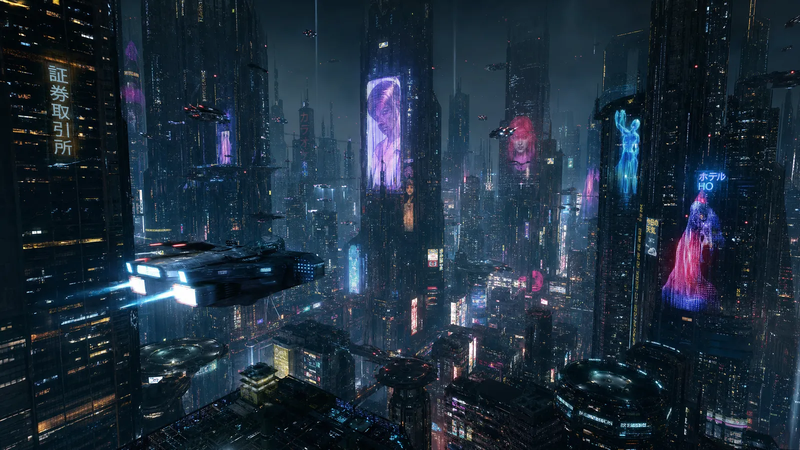 Sci fi megacity at night, holographic billboards