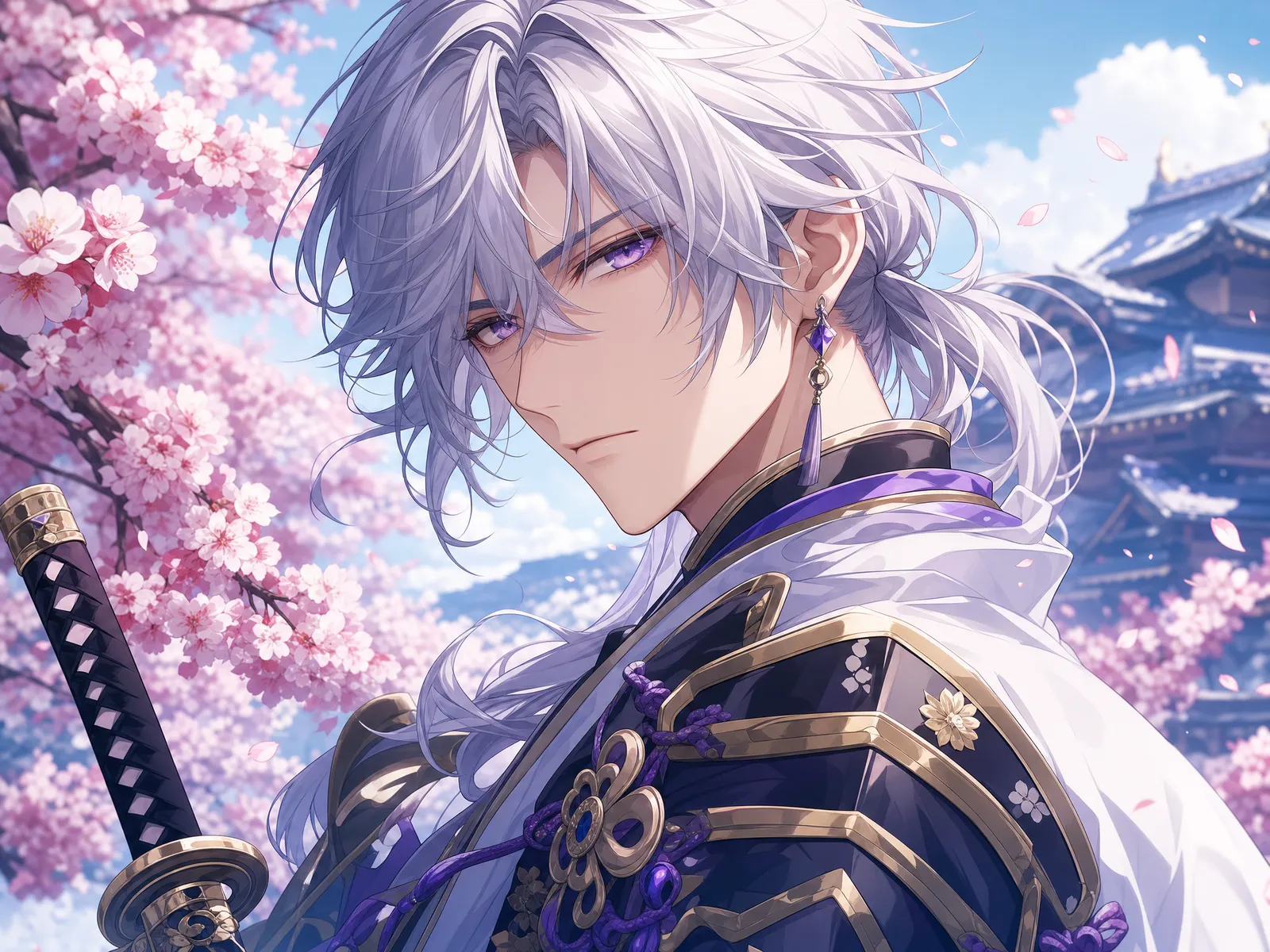 Anime warrior with silver hair, cherry blossoms