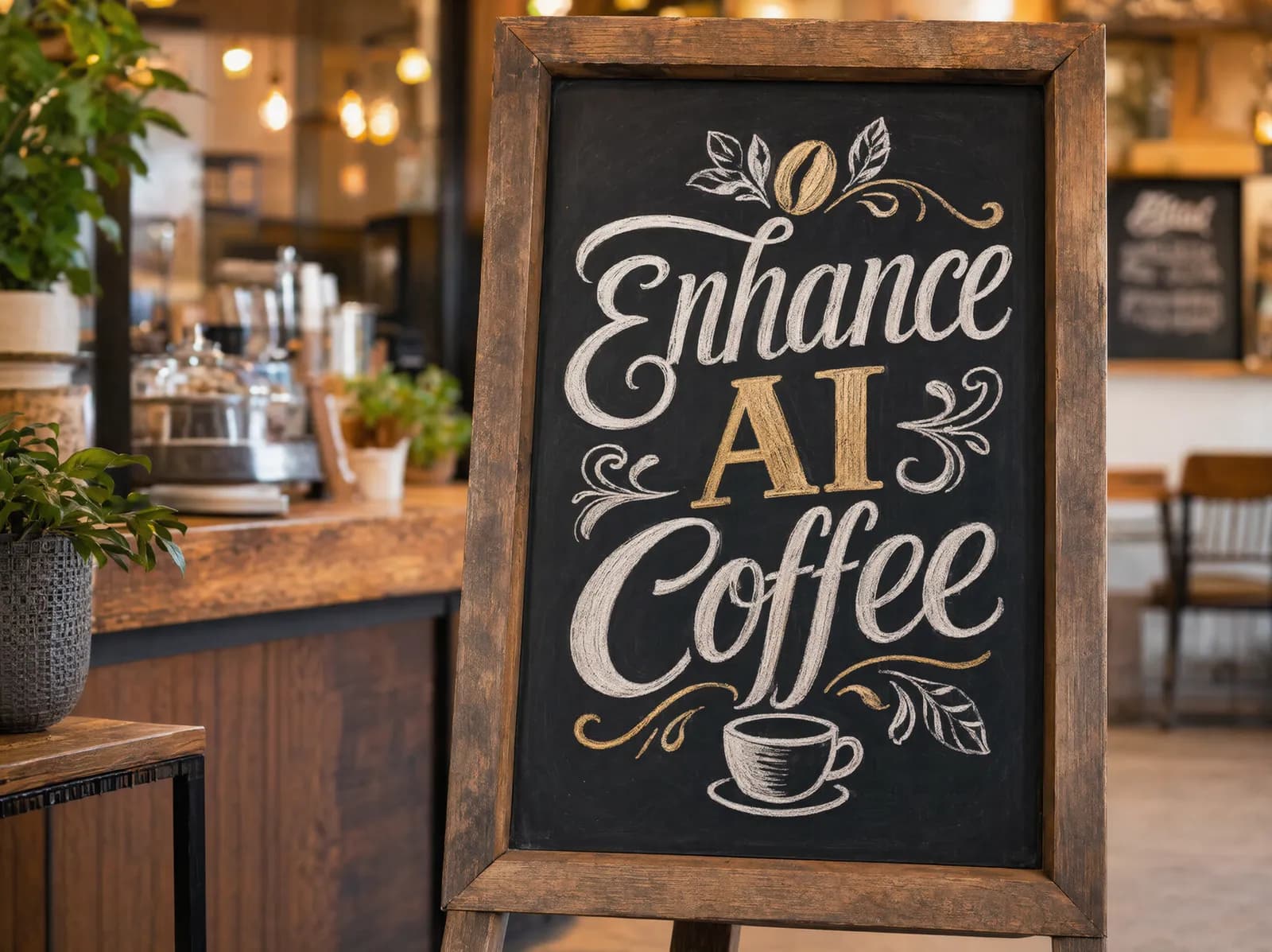 Coffee shop sign reading Enhance AI Coffee