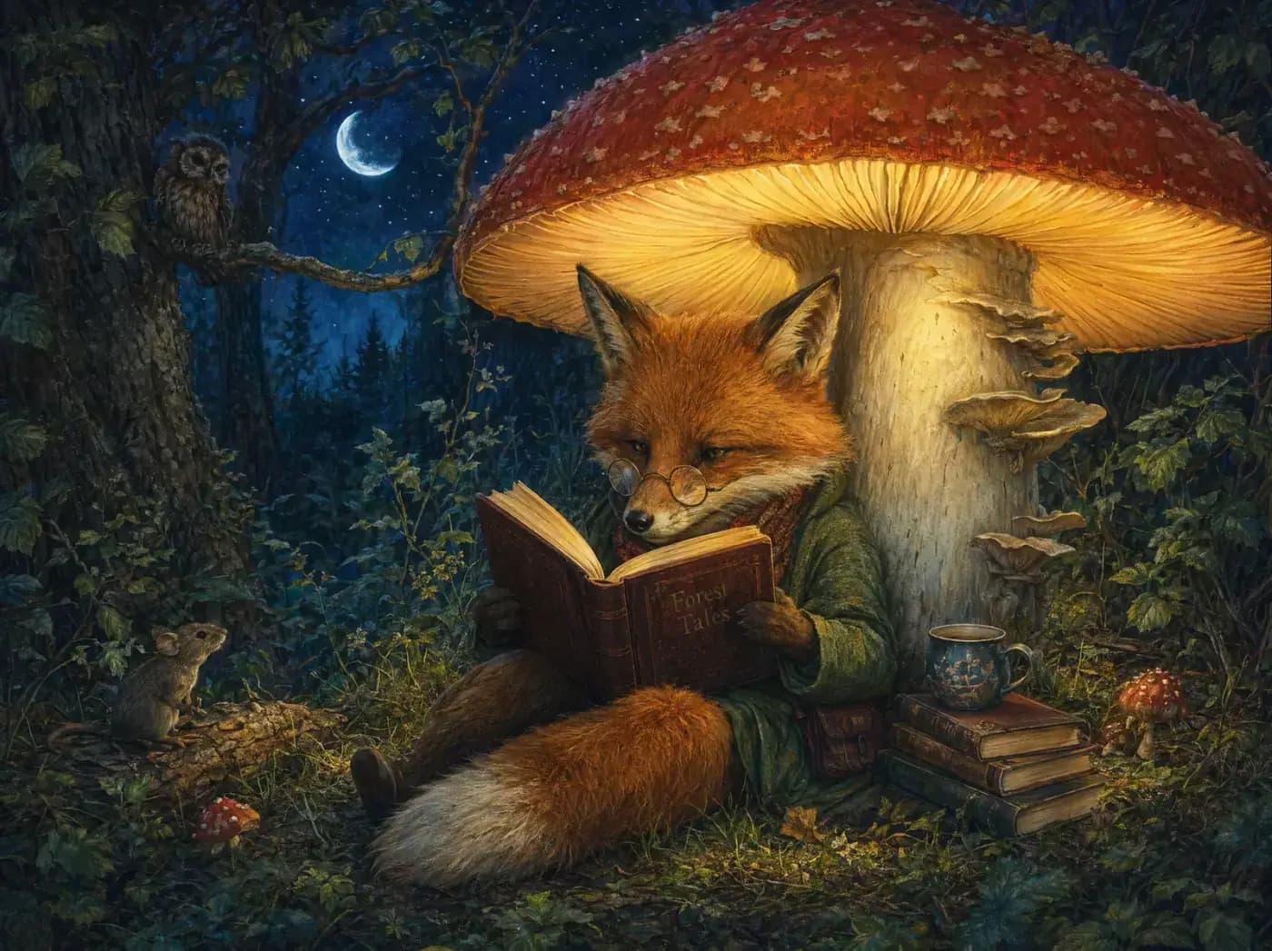 Storybook fox reading under a glowing mushroom