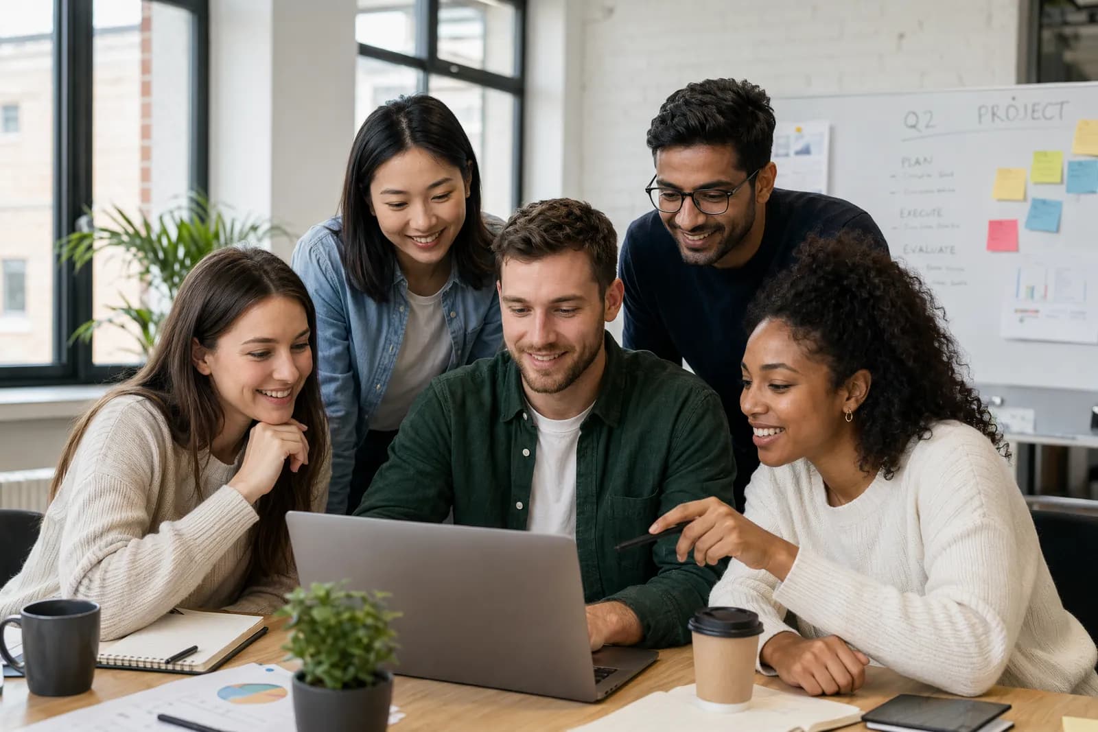 Coworkers around a laptop in a modern office