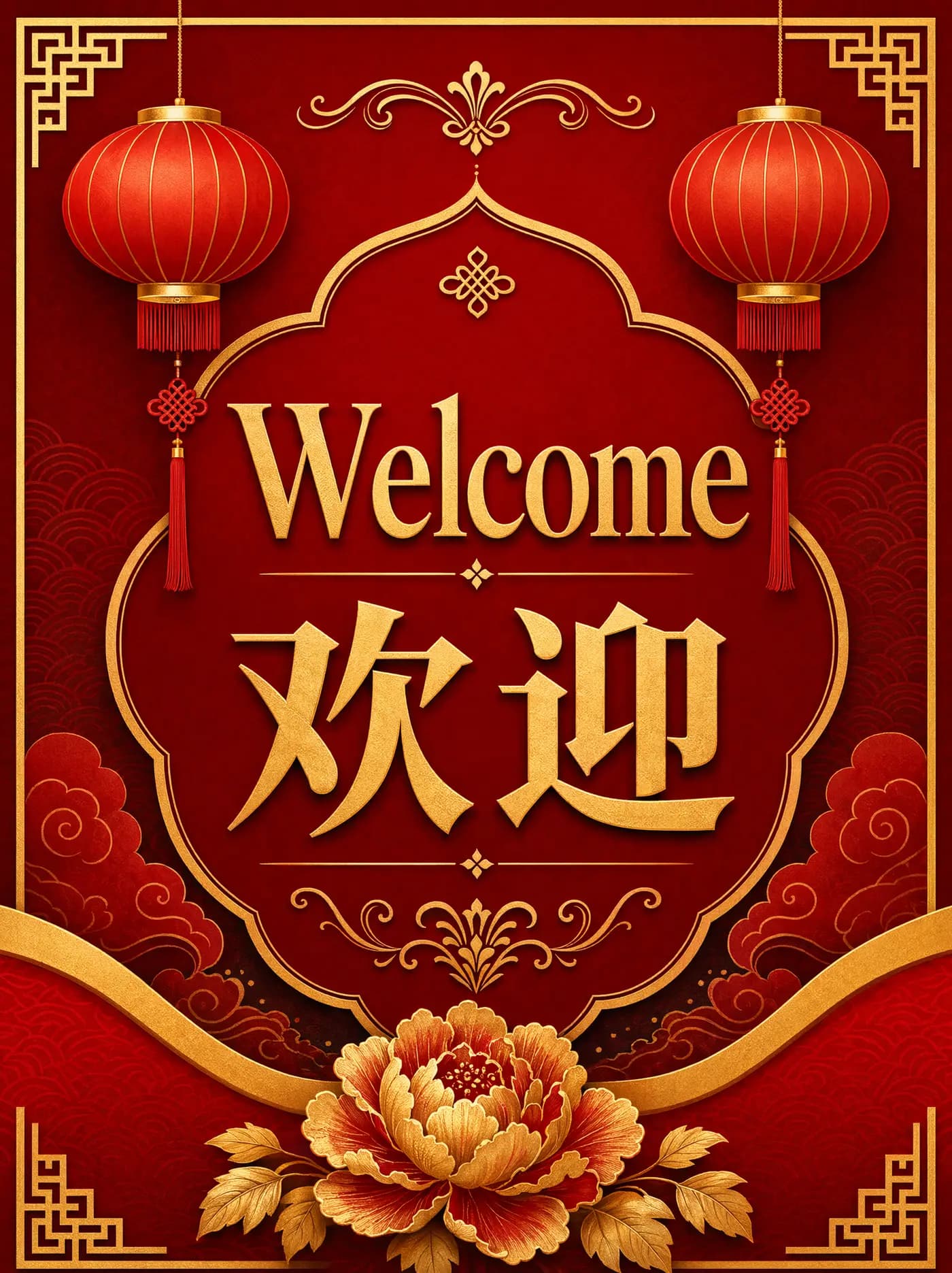 Bilingual poster reading Welcome, red and gold