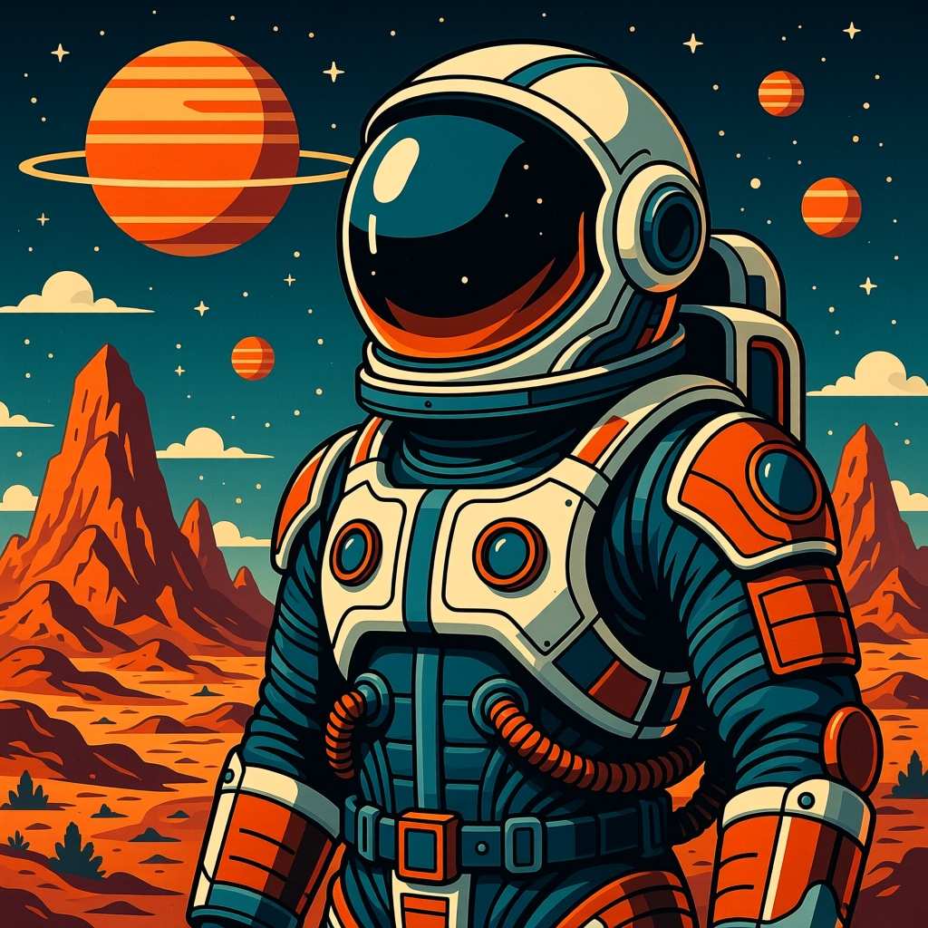AI Art Generator - Retro-futuristic space explorer Enhance AI generated artwork: Retro-futuristic space explorer
