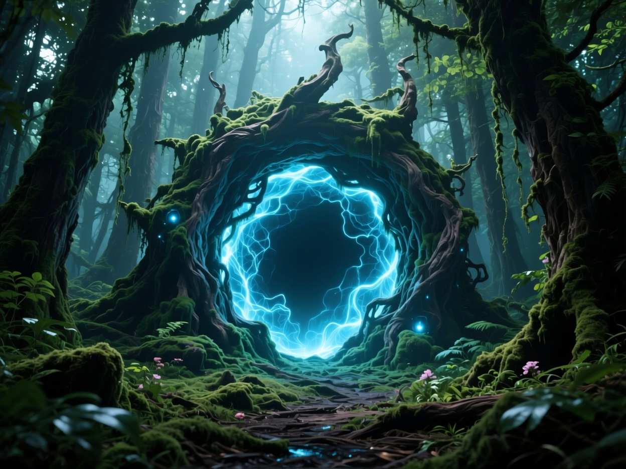 AI Art Generator - Enchanted mystical portal in ancient forest Enhance AI generated artwork: Enchanted mystical portal in ancient forest
