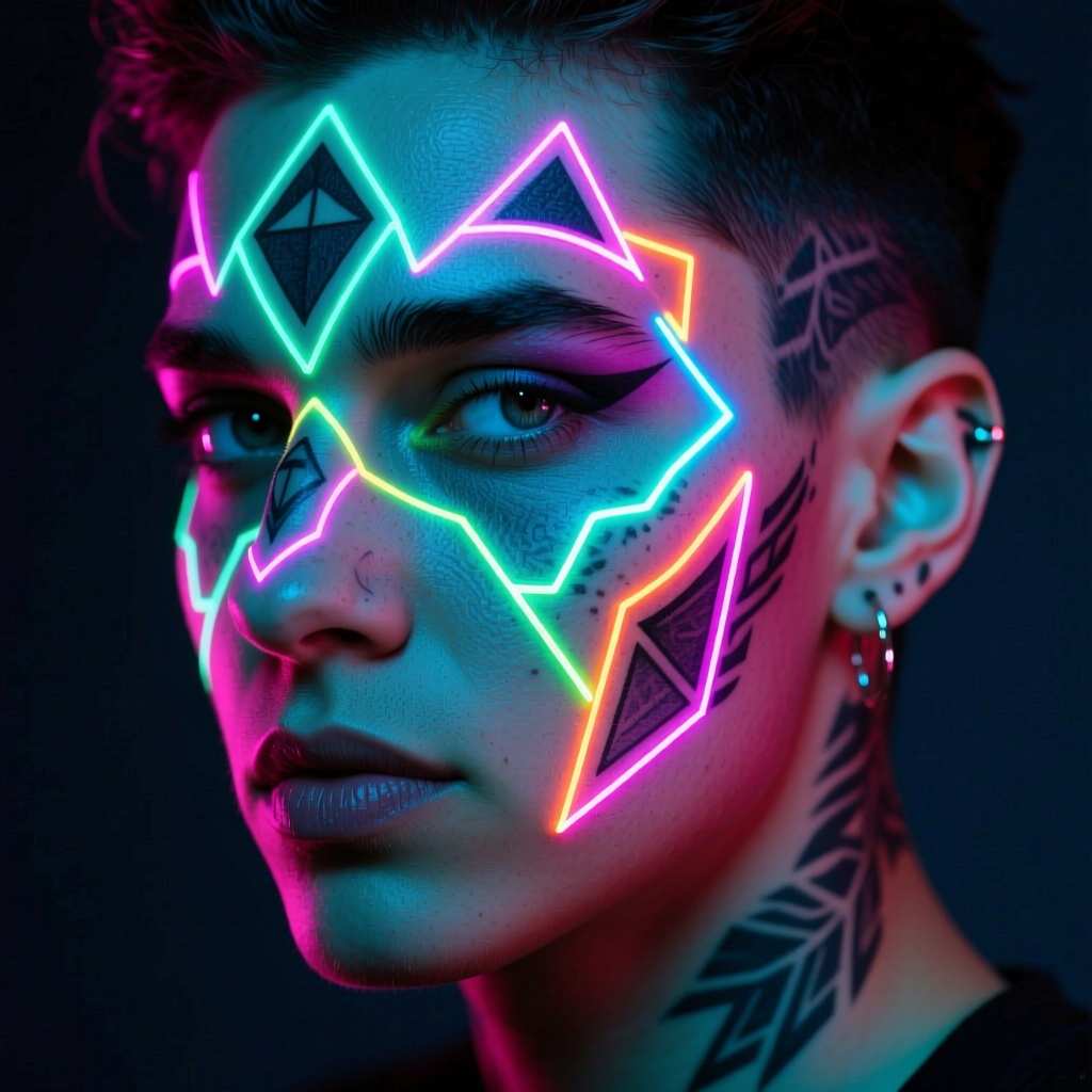 AI Art Generator - Person with geometric face tattoos that glow in electric colors Enhance AI generated artwork: Person with geometric face tattoos that glow in electric colors