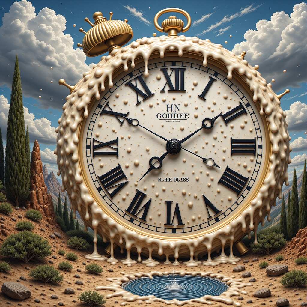 AI Art Generator - Surreal melting clock artwork in Salvador Dali style Enhance AI generated artwork: Surreal melting clock artwork in Salvador Dali style